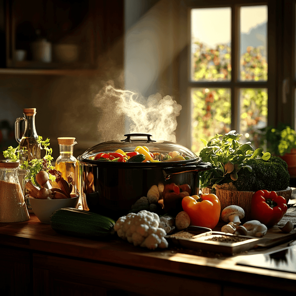 A cozy kitchen scene with a steaming slow cooker filled with vibrant keto vegetarian ingredients, including bell peppers, zucchini, mushrooms, and cauliflower. The countertop is adorned with fresh vegetables, herbs, and bottles of oil, while sunlight streams through a window, creating a warm and inviting atmosphere