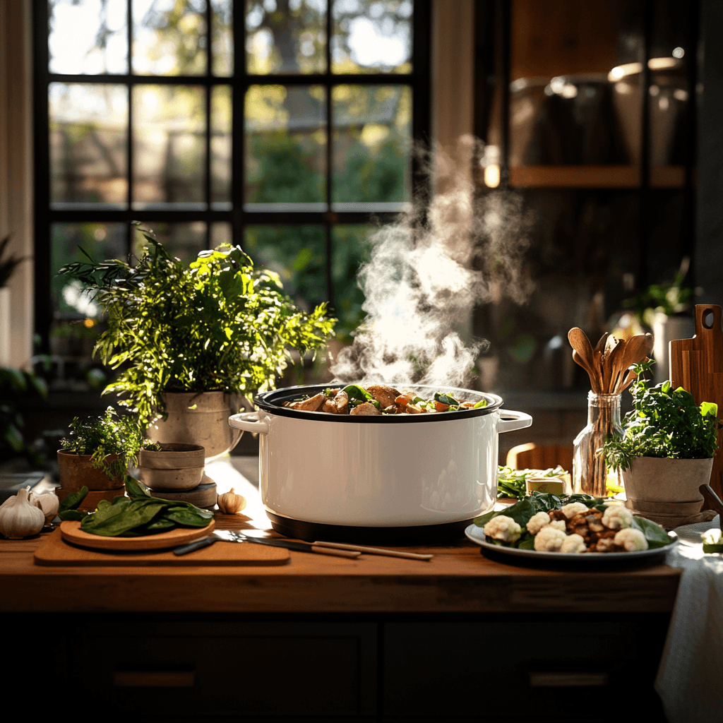 A cozy kitchen scene with a white slow cooker steaming on a wooden countertop, surrounded by fresh keto-friendly ingredients such as spinach, cauliflower, and herbs. Sunlight streams through a window, creating a warm, inviting atmosphere