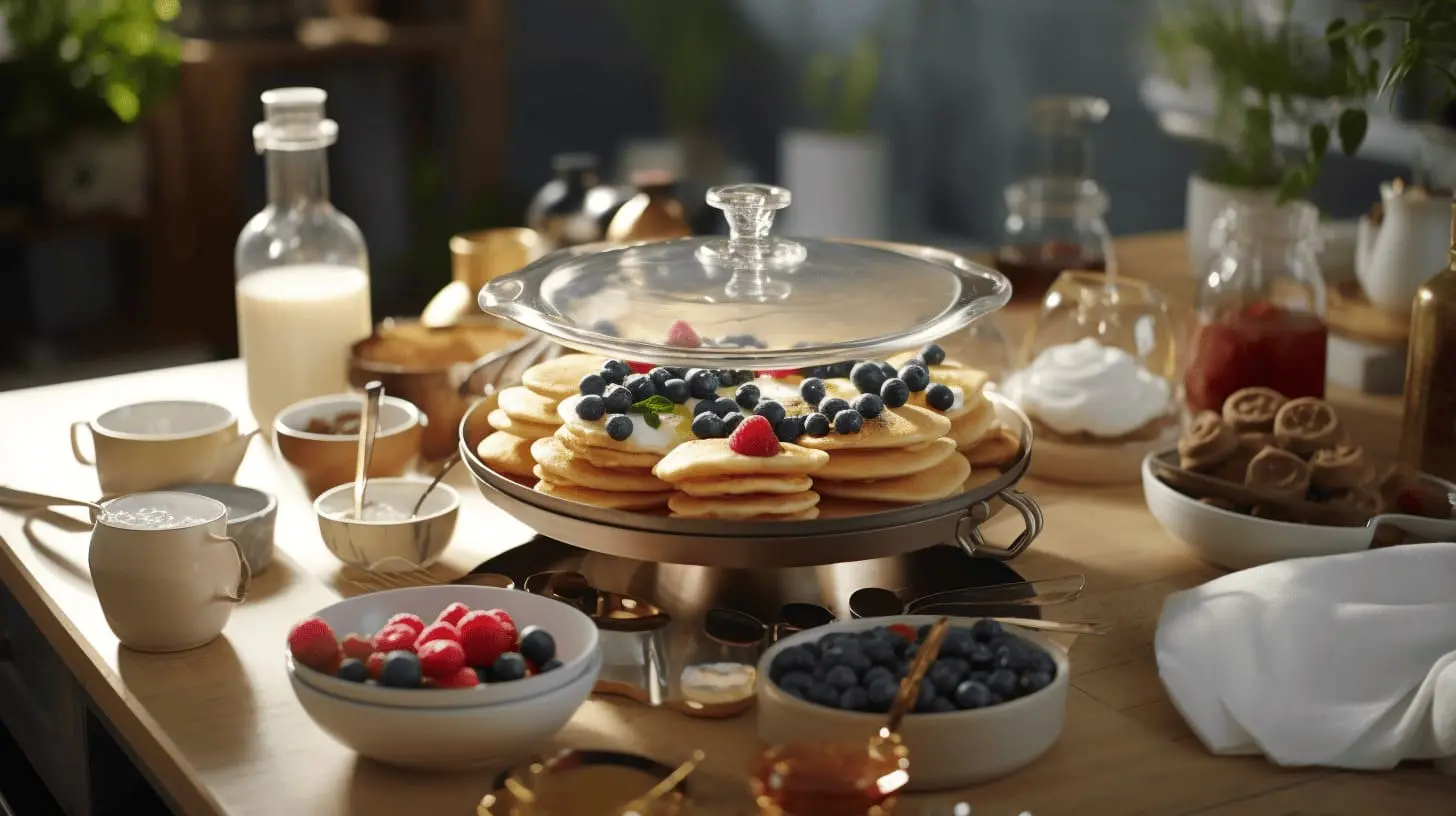 A cozy party setup featuring a stack of mini pancakes topped with fresh blueberries and raspberries, kept warm under a glass lid with various toppings and drinks on a wooden table.