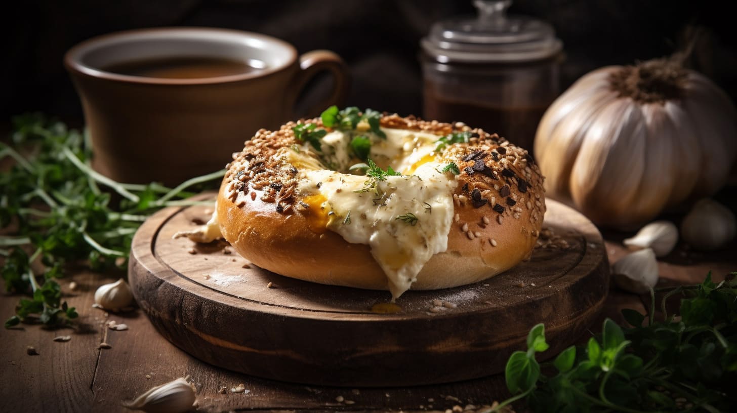 A garlic bagel topped with sesame seeds and herbs, filled with melted cheese, placed on a wooden board surrounded by garlic cloves, herbs, and a cup of coffee.