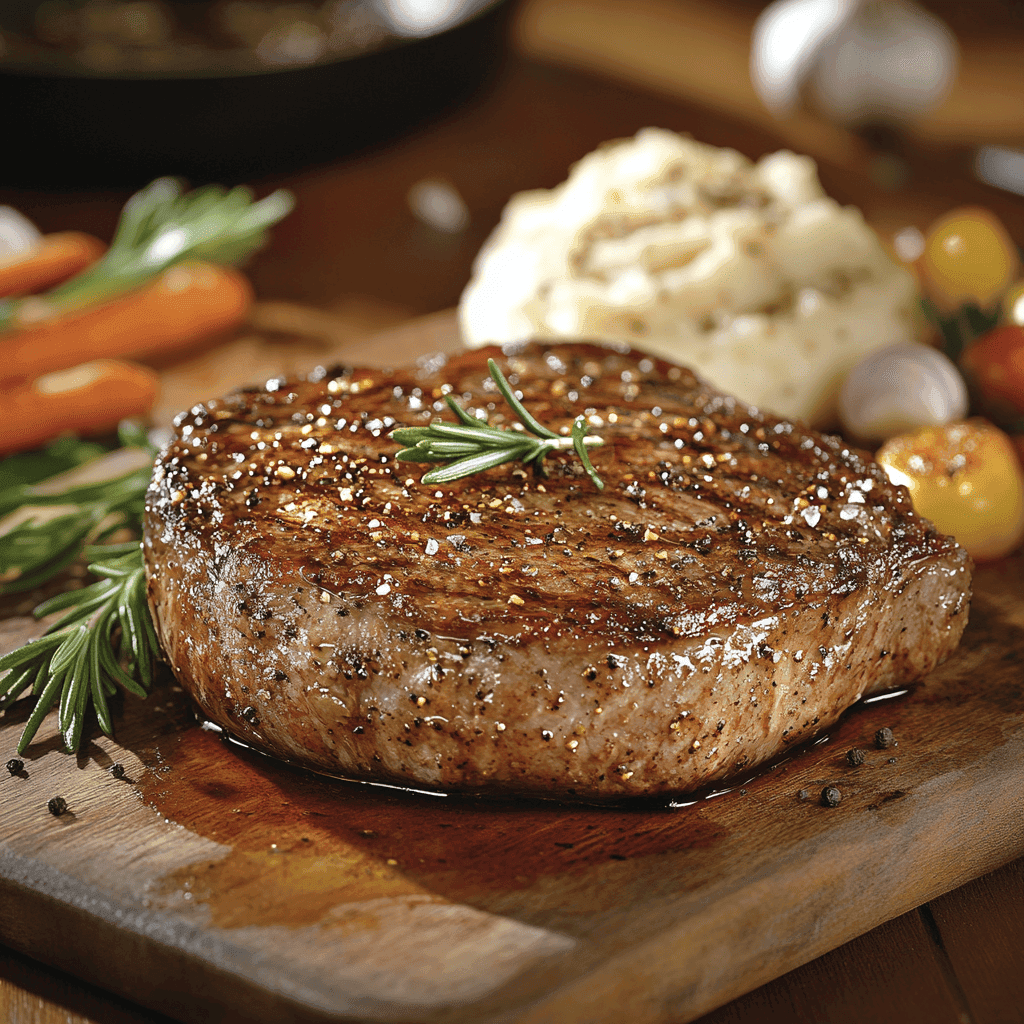 A perfectly seared ribeye steak seasoned with salt and pepper, garnished with a sprig of rosemary, served on a wooden board with mashed potatoes and roasted vegetables in the background