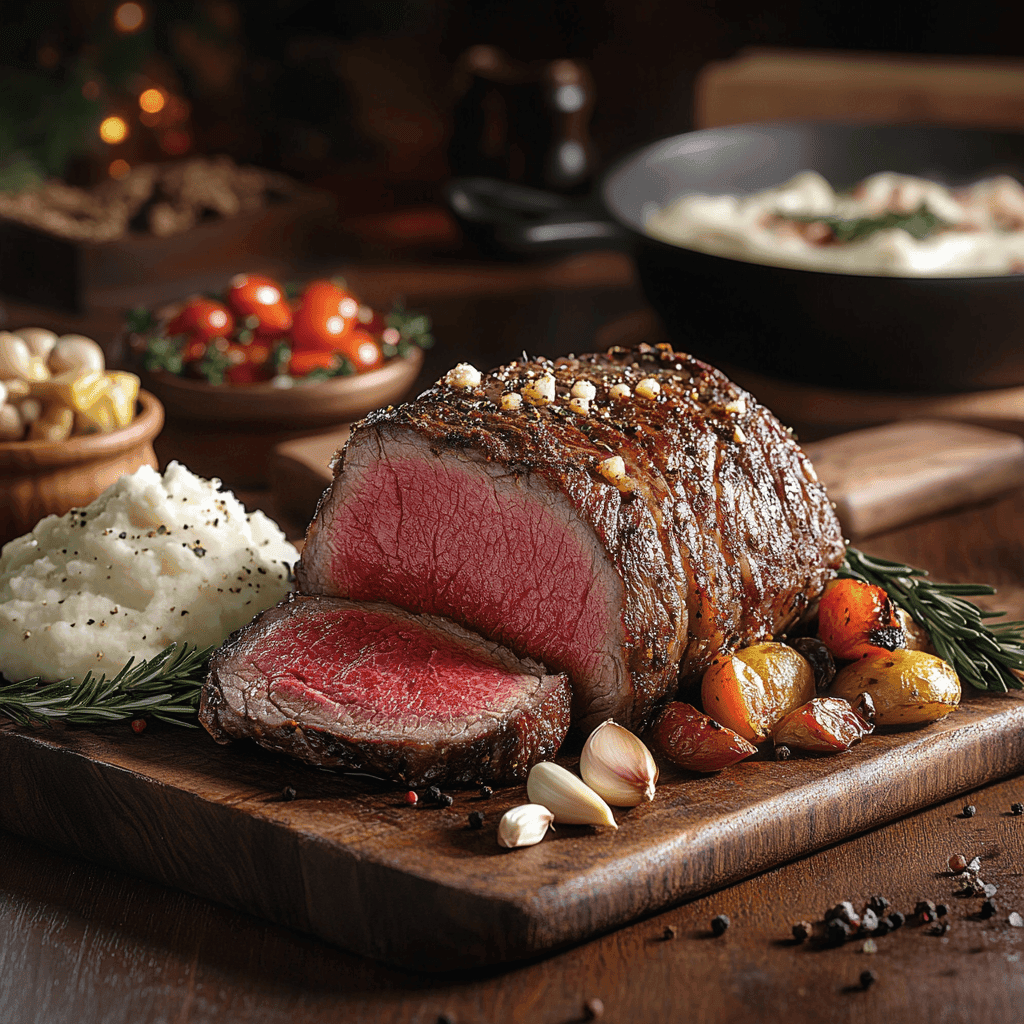 Perfectly cooked ribeye roast served on a wooden board, sliced to reveal a tender and juicy medium-rare center, surrounded by mashed potatoes, roasted vegetables, garlic cloves, and rosemary