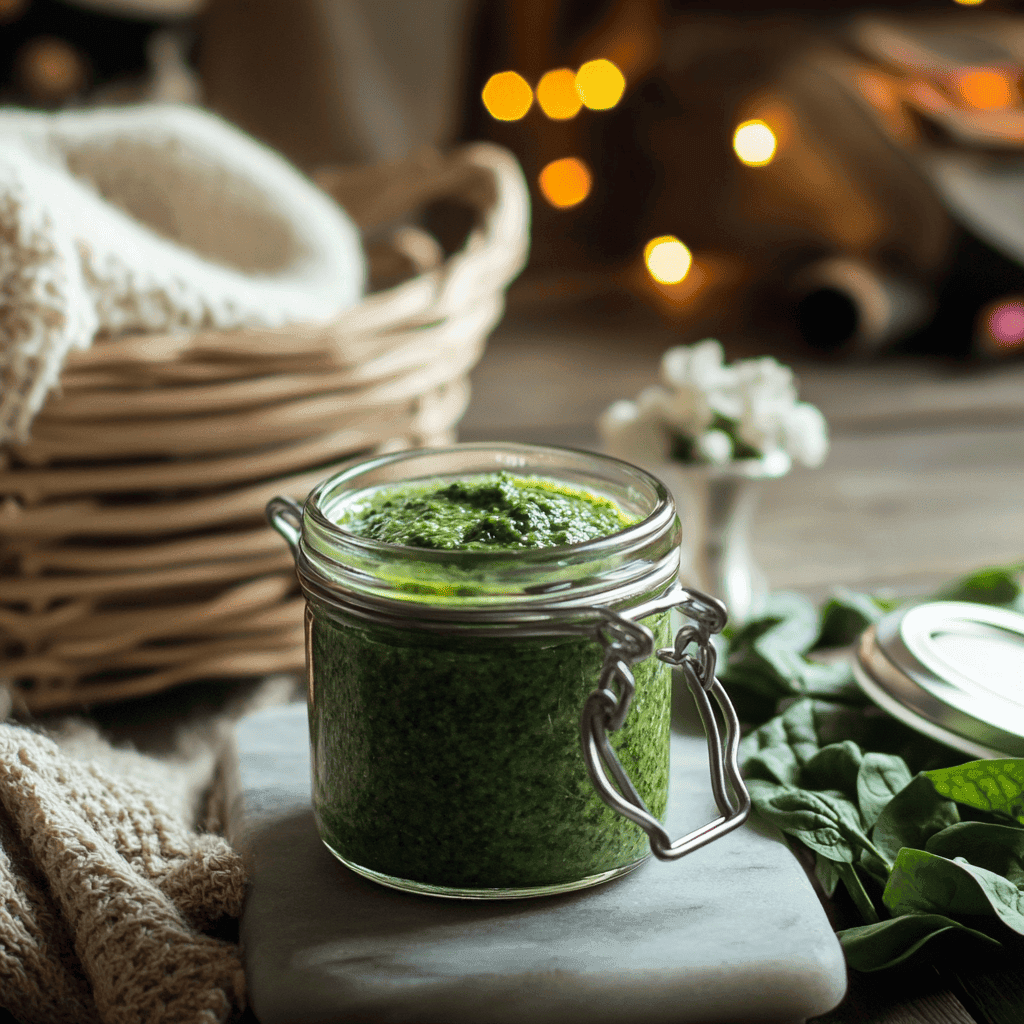 A glass jar filled with vibrant green spinach pesto, placed on a marble slab with fresh spinach leaves, a wicker basket, and warm, cozy elements in the background