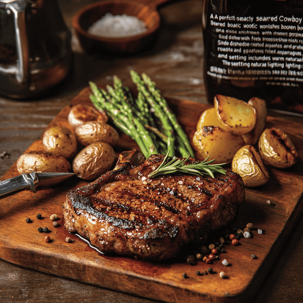 A perfectly seared Cowboy Cut Ribeye steak served on a wooden board, garnished with fresh rosemary, accompanied by grilled asparagus and roasted potatoes