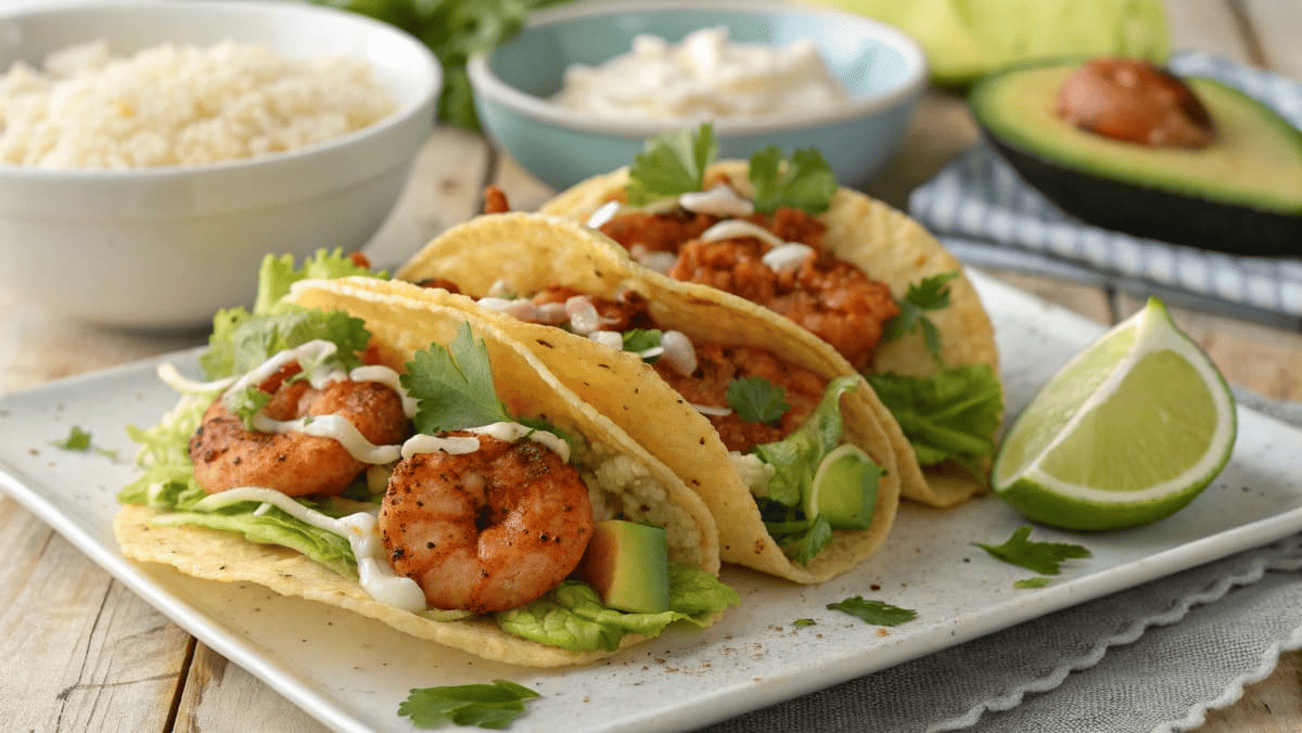 A Delicious Plate Of Keto Shrimp Tacos Served In