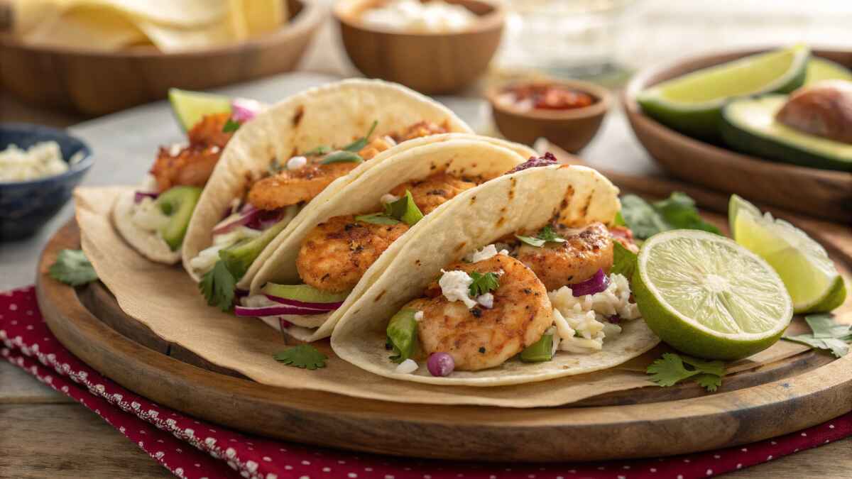 A Plate Of Freshly Made Shrimp Tacos With Slaw Se