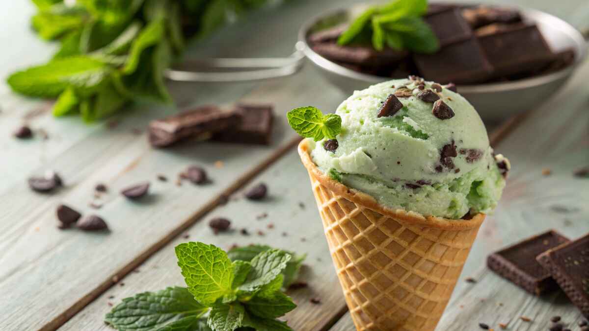 A Scoop Of Homemade Mint Chocolate Chip Ice Cream