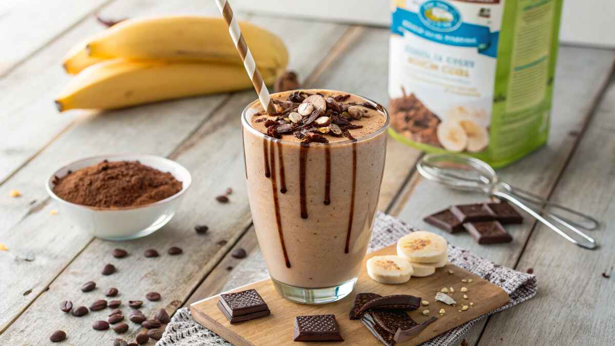 A Tall Glass Of Creamy Whey Protein Chocolate Shak
