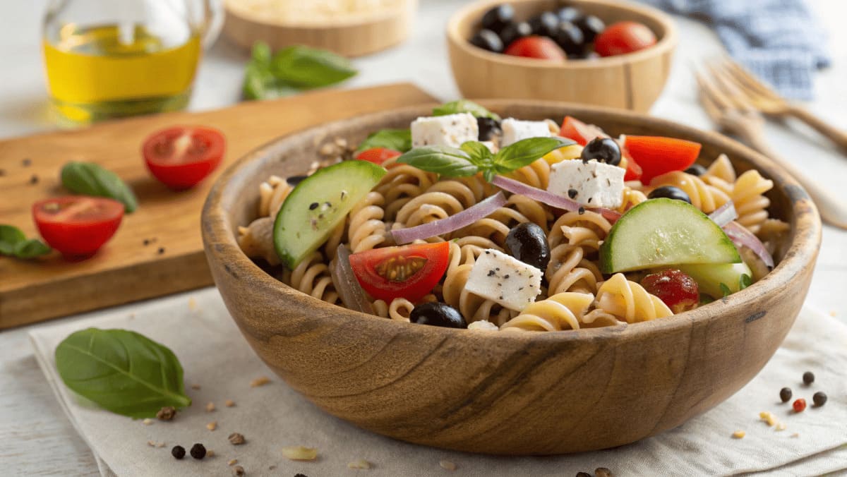 A Vibrant Homemade Pasta Salad In A Rustic Wooden
