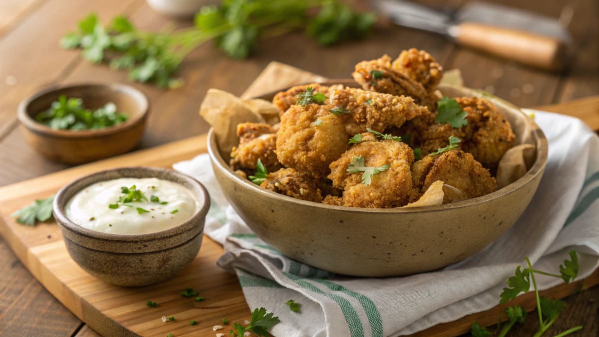 Crispy fried oyster mushrooms served in a rustic bowl with herbs and vegan aioli dip
